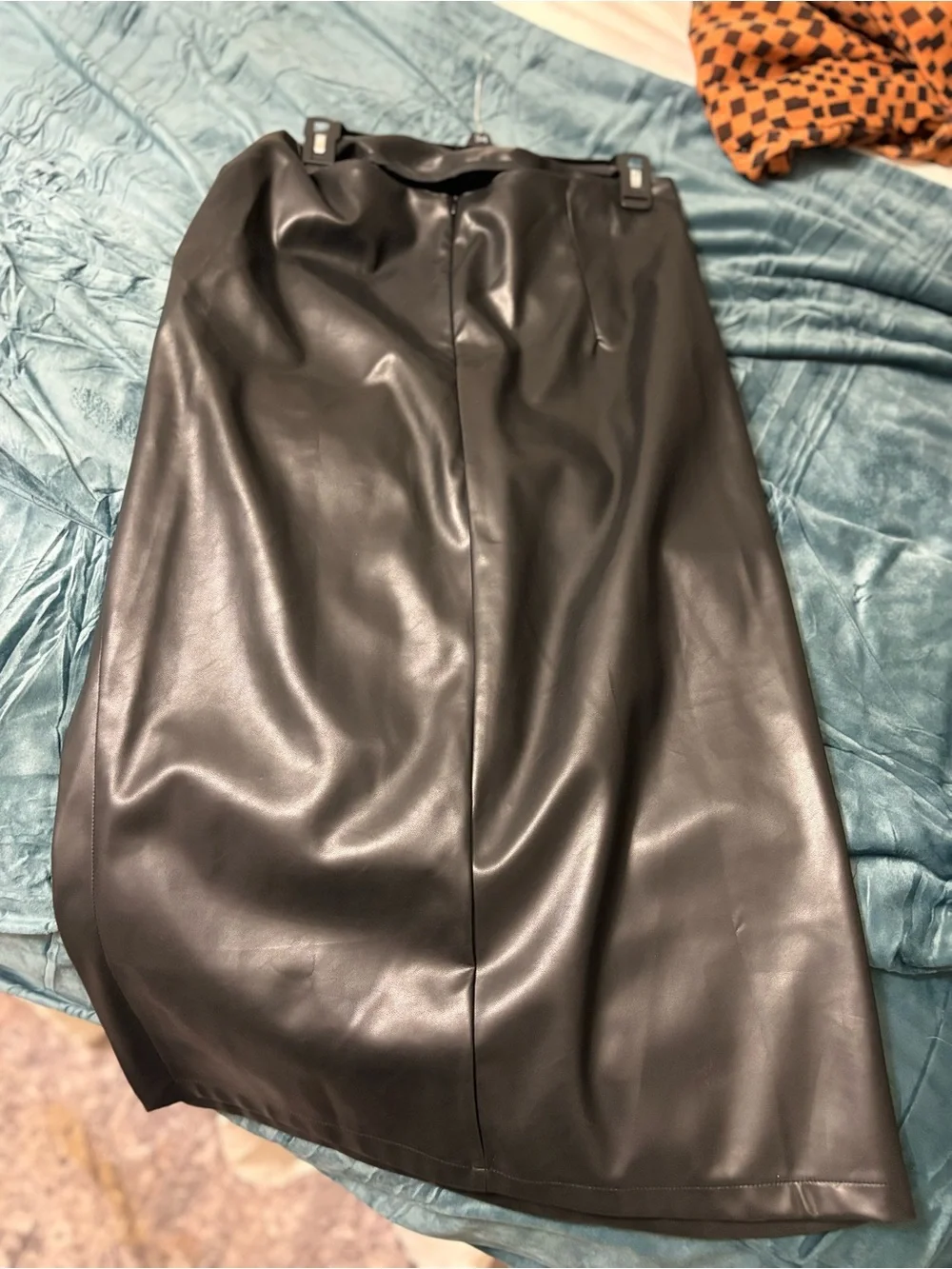 Commense Black Faux Leather Midi Skirt with Side Draping